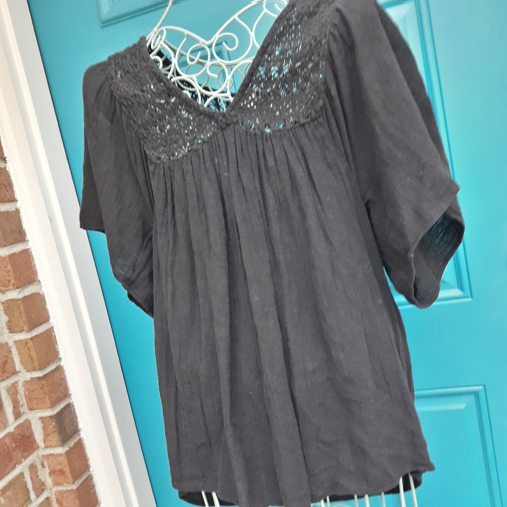 Boho Top Crochet All Cotton Loose Fit Mesh Short Sleeve VNeck Embroidered SM - Picture 11 of 12